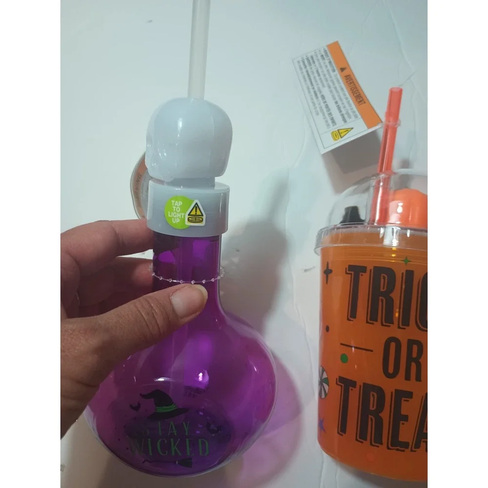 Halloween Tumbler Cup Lot 2 Light Up Skull Potion Flask Trick Or Treat...